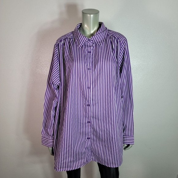 Roaman's Top Plus Size 2X Collared Striped Button Front Long Sleeve Purple - Picture 2 of 6